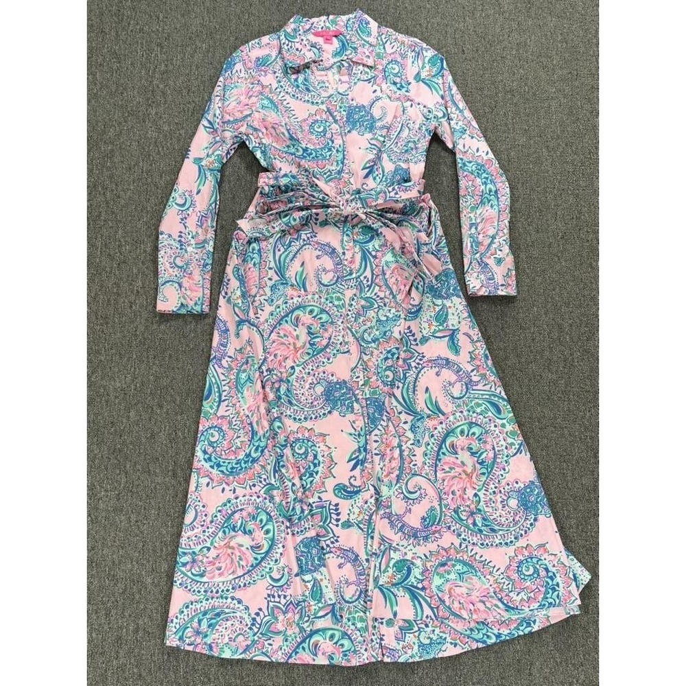 Lilly Pulitzer Dress Womens 8 Pink Mira Tropics Paisley Belted Collared Midi